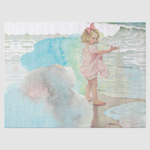 Papier Mousseline Fille sur Sandy Beach Aquarelle Vintage