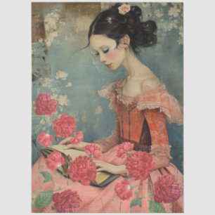 Papier Mousseline Fille Victorienne Vintage & Roses de Chou Rouge