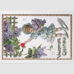 Papier Mousseline Fille vintage avec fleurs et salutation Valentine
