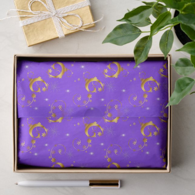 Papier Mousseline Fils d'or et étoiles Violet Noël (Cadeau)