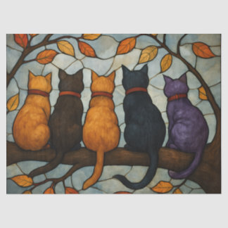 Papier Mousseline Five Cats on a Tree Branch Stained Glass Style