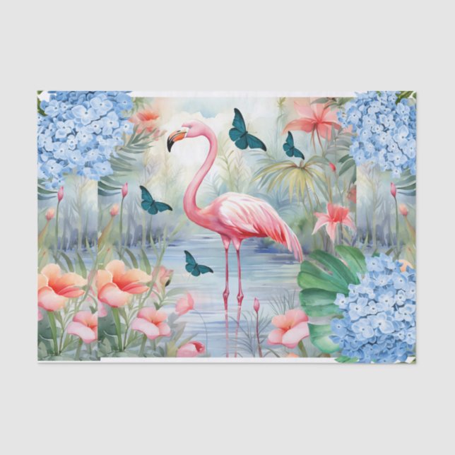 Papier Mousseline Flamant rose et papillons d'aquarelle tropicale (Recto)