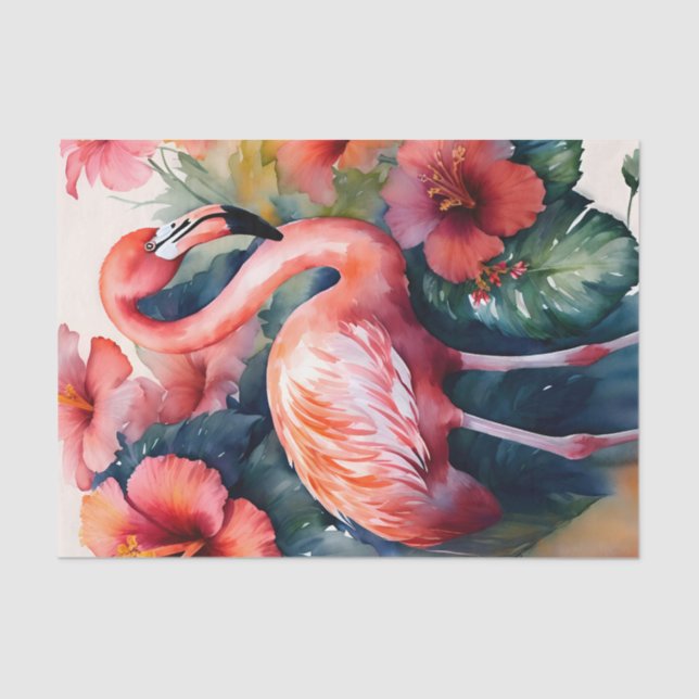 Papier Mousseline Flamant rose Hibiscus Aquarelle Art tropical (Recto)