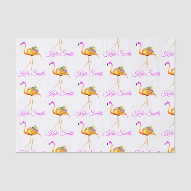 Papier Mousseline Flamant rose rose et or | fleurs d'aquarelle  (Recto)