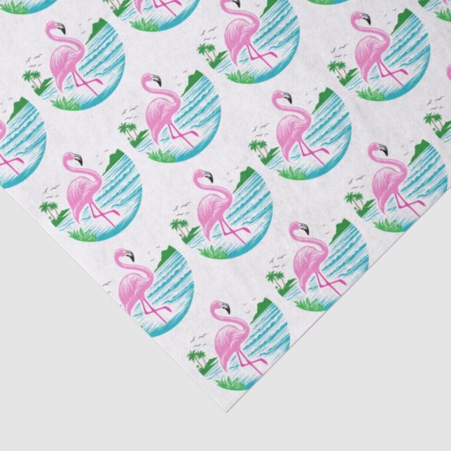 Papier Mousseline Flamant rose rose tropical debout dans l'eau, plag (Détail)