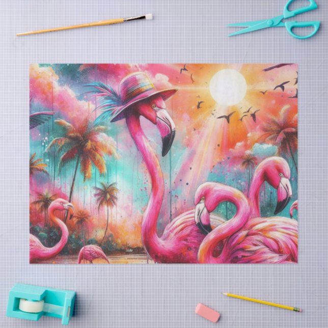 Papier Mousseline Flamants roses roses tropicaux Palmiers Sun Découp (Artisanat)
