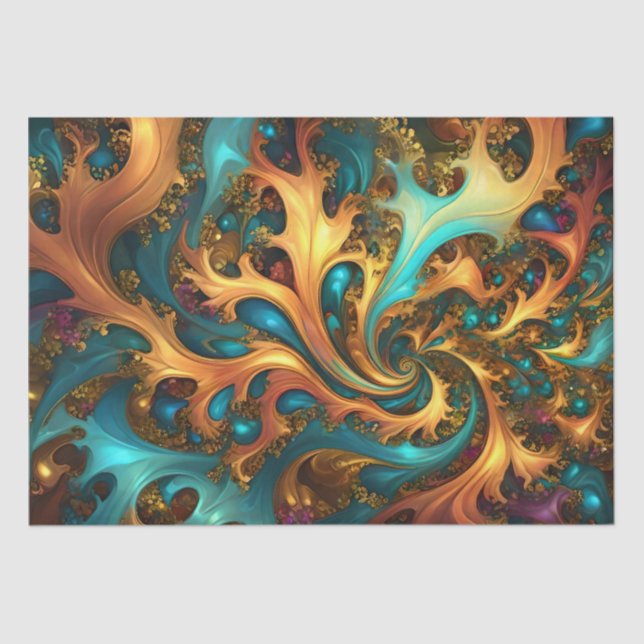 Papier Mousseline Flammes Abstraites or Turquoise orange, (Recto)