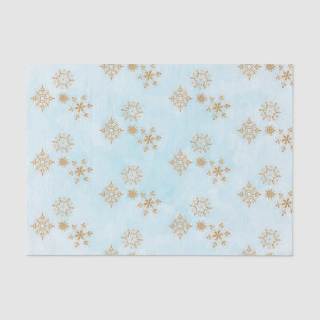 Papier Mousseline Flèche de neige en or sur Motif de Noël bleu givré (Recto)
