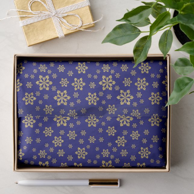 Papier Mousseline Fléchettes de neige en or sur Blue (Cadeau)