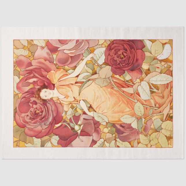 Papier Mousseline Fleur Art Nouveau Fée avec Roses rouges et oranges (Recto)