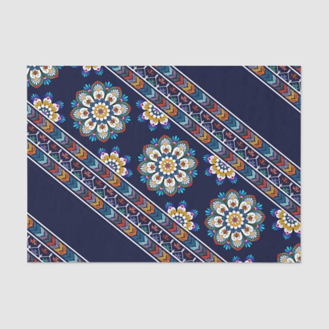 Papier Mousseline Fleur bohème ethnique Chevron Navy Découpage (Recto)