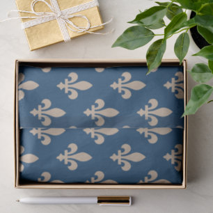 Papier Mousseline Fleur de Lis Motif, Royal French, Crème sur Blue