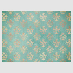Papier Mousseline Fleur de lis or et turquoise patine vintage verte