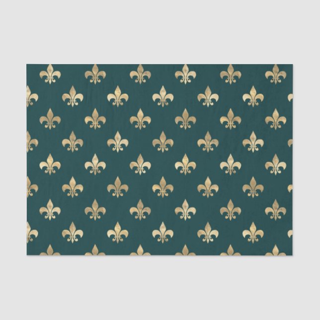 Papier Mousseline Fleur de lis turquoise et or (Recto)