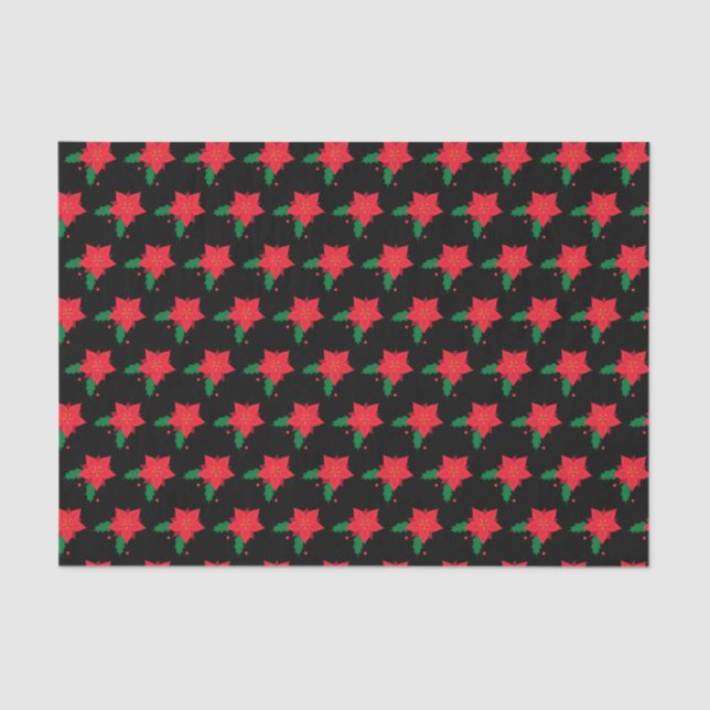 Papier Mousseline Fleur de Noël rouge Poinsettia Motif sur Noir (Recto)