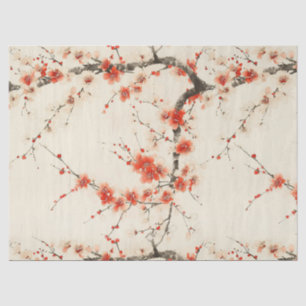 Papier Mousseline Fleur de prunier rouge aquarelle - Art floral orie