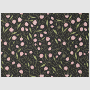 Papier Mousseline Fleur mignonne, rose sur noir avec motif répétitif