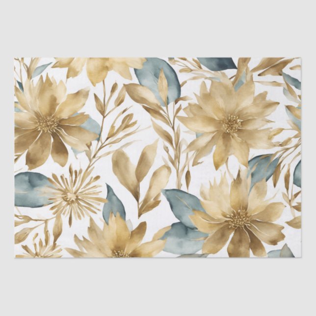 Papier Mousseline Fleur Turquoise Boho White Gold (Recto)