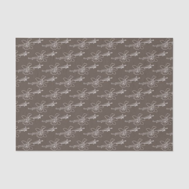 Papier Mousseline Fleur vanille et haricot dessin blanc sur brun (Recto)