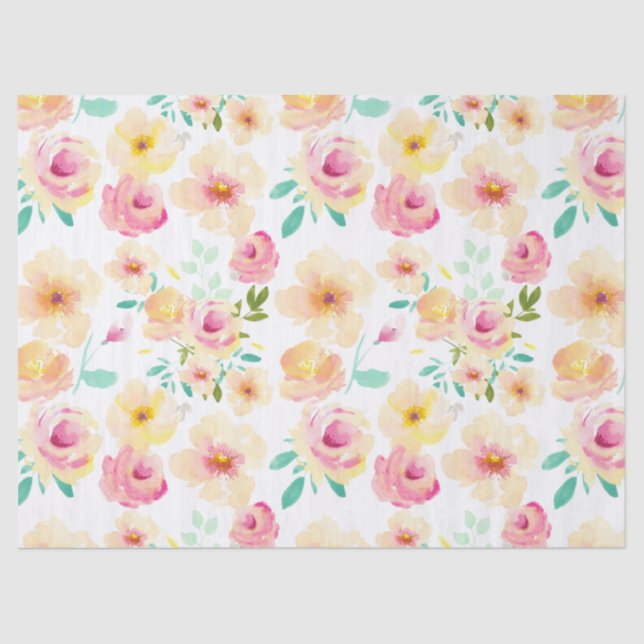 Papier Mousseline Fleurs Aquarelle Jaune Jolie Rose (Recto)