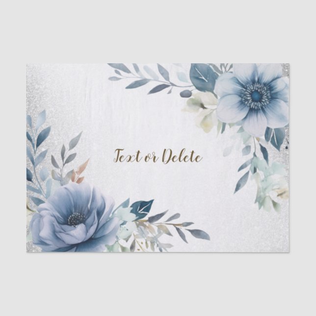 Papier Mousseline Fleurs aquarelles bleu poussiéreux argent élégant  (Recto)