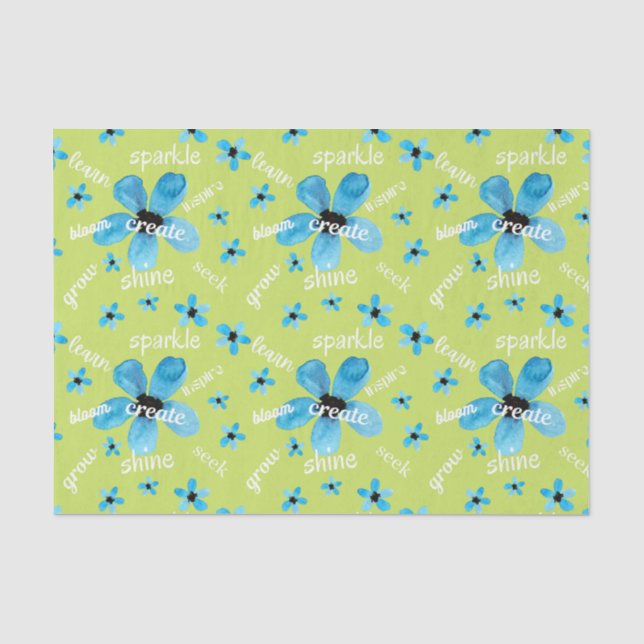 Papier Mousseline Fleurs aquarelles vertes et bleues avec affirmatio (Recto)