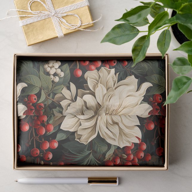 Papier Mousseline Fleurs audacieuses de Noël/Vacances, baies et Feui (Cadeau)