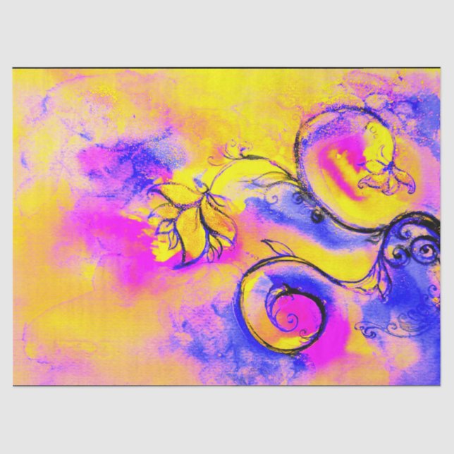 Papier Mousseline FLEURS BLANCHES Bleu Jaune Rose (Recto)