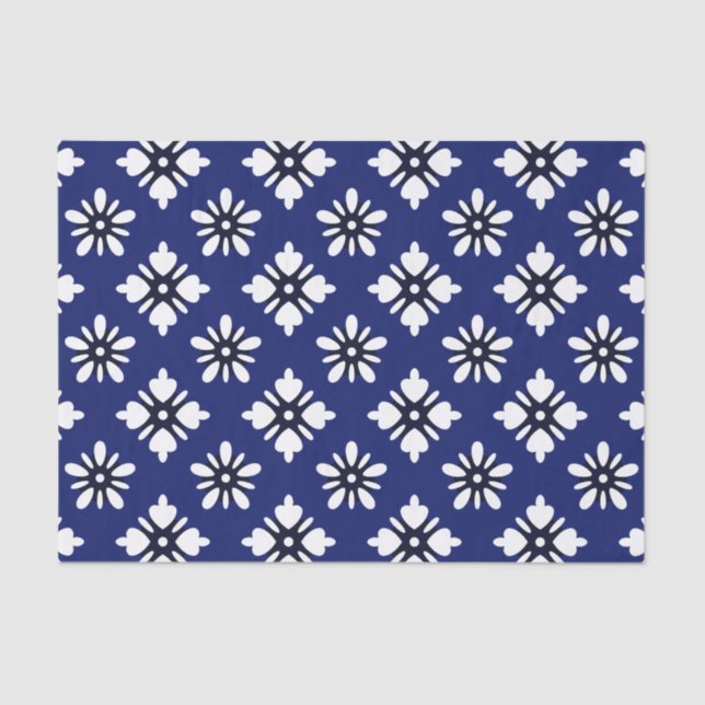 Papier Mousseline Fleurs blanches Katazome sur indigo (Recto)