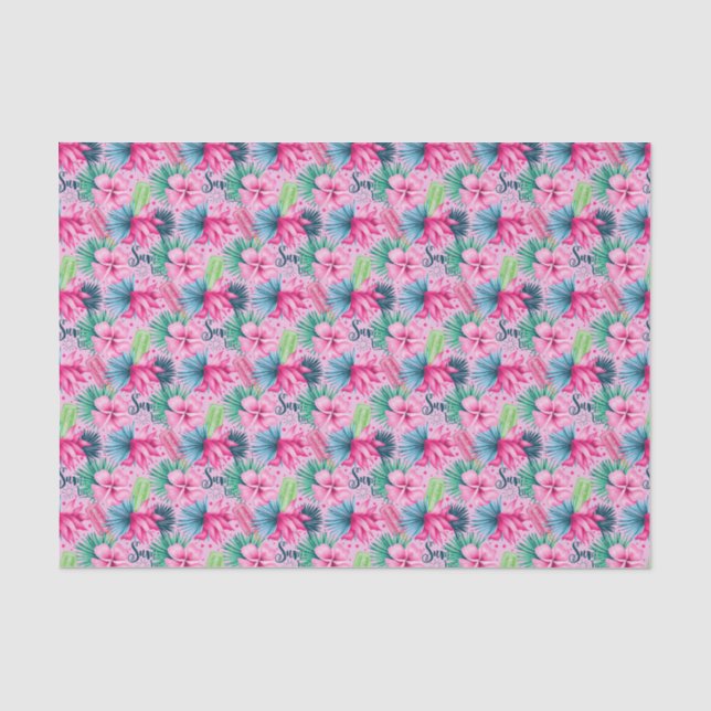 Papier Mousseline Fleurs bleu rose floral brillant Tropical (Recto)