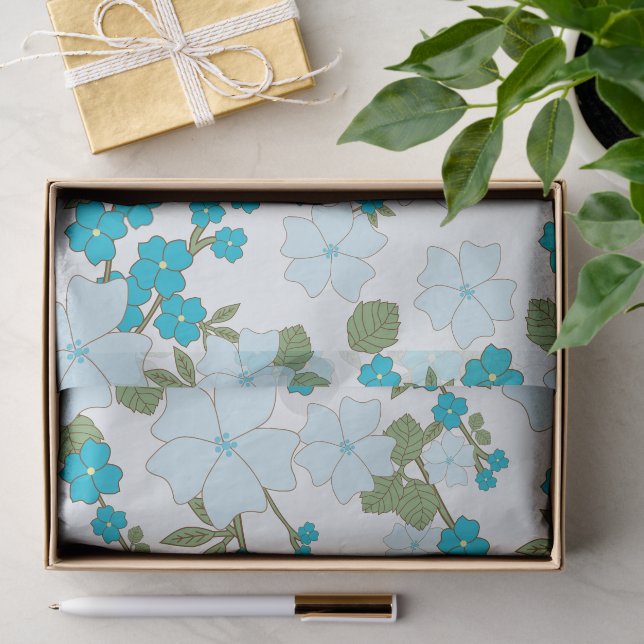 Papier Mousseline Fleurs Bleues, Motif Floral, Motif De Fleurs (Cadeau)