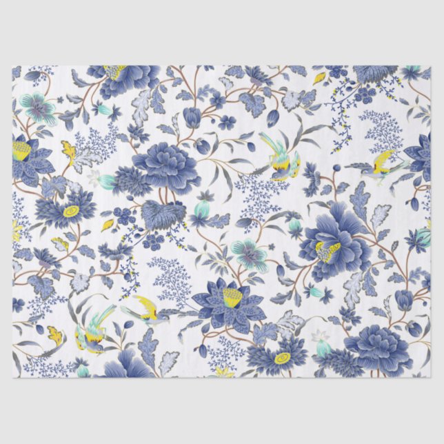 Papier Mousseline Fleurs Bleues Oiseaux Jaunes Papier Tissu (Recto)