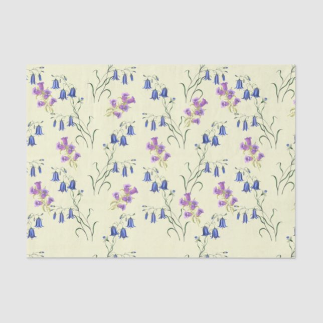 Papier Mousseline Fleurs Bleues Pastel et Violettes (Recto)