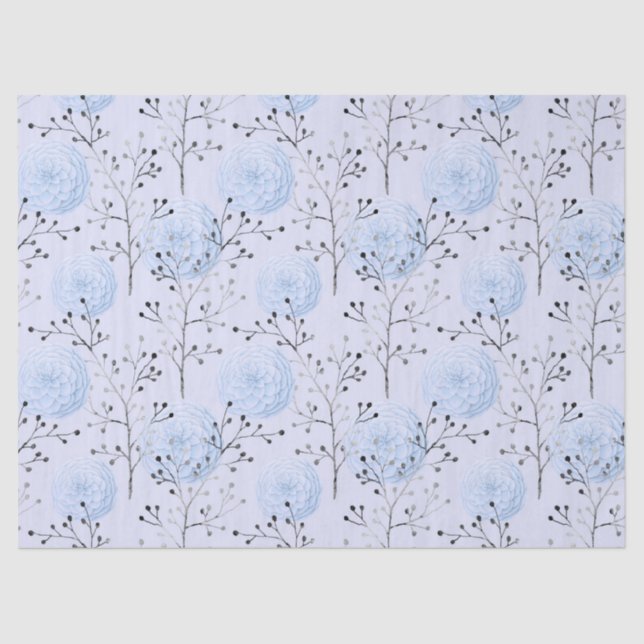Papier Mousseline Fleurs bleues sur Découpage bleu clair (Recto)