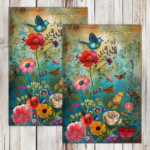 PAPIER MOUSSELINE FLEURS BOHO ET DÉCOUPAGE D'OISEAUX
