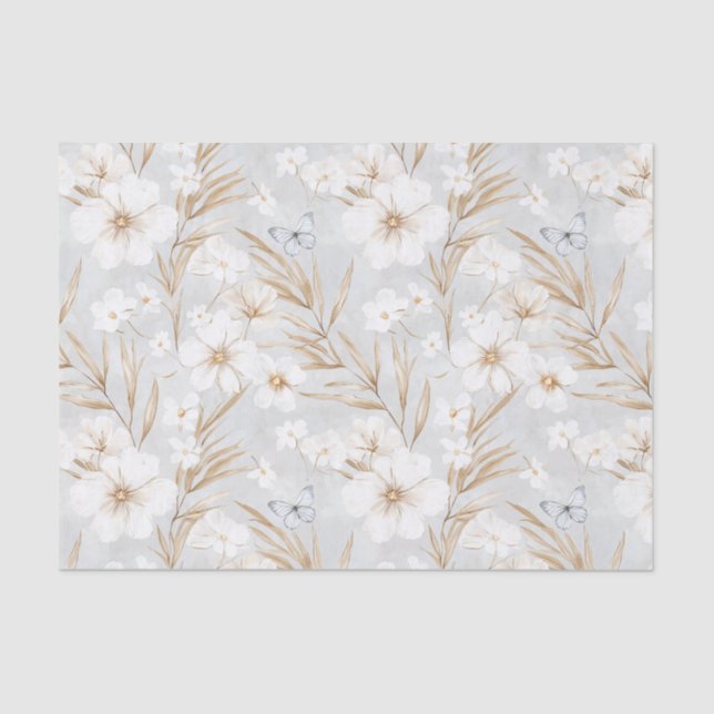 Papier Mousseline Fleurs Crème Blanche Papillons Bleus Baby Shower (Recto)