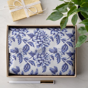 Papier Mousseline Fleurs Dahlia Bleues et Blanches Toile de Jouy