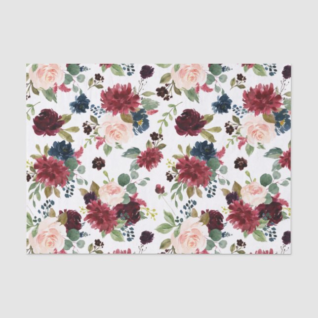 Papier Mousseline Fleurs d'aquarelle bleu marine bordeaux (Recto)