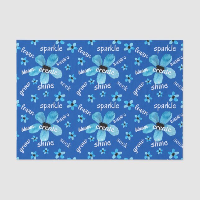 Papier Mousseline Fleurs d'aquarelle bleue avec affirmations (Recto)