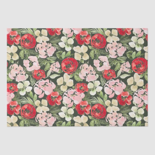 Papier Mousseline Fleurs d'aquarelle de Noël bleues et vertes foncée (Recto)