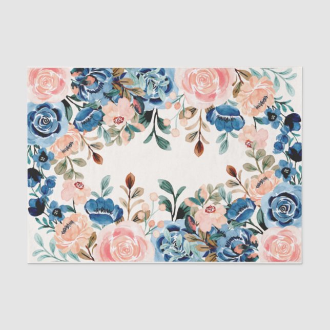 Papier Mousseline Fleurs d'aquarelle rose et bleu (Recto)