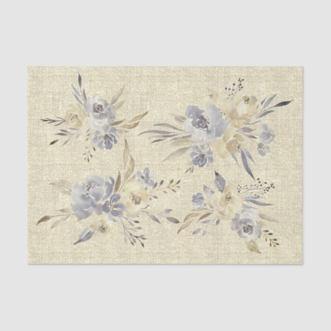 Papier Mousseline fleurs d'aquarelle rustique sur faux lin (Recto)