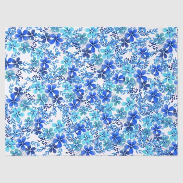 Papier Mousseline Fleurs de jardin Royal Blue et Turquoise (Recto)