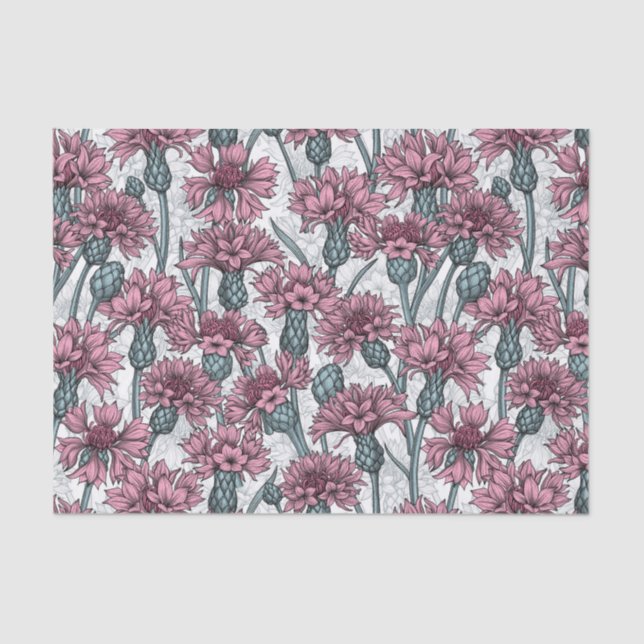 Papier Mousseline Fleurs de maïs roses, fleurs sauvages sur blanc (Recto)