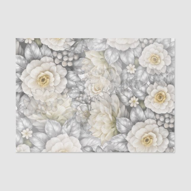 Papier Mousseline Fleurs de mariage élégantes romantiques argent et  (Recto)