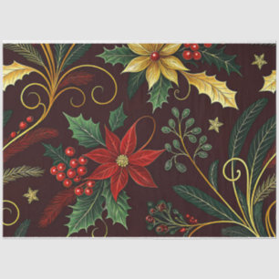 Papier Mousseline Fleurs de Noël Decoupage Or Rouge Vert 