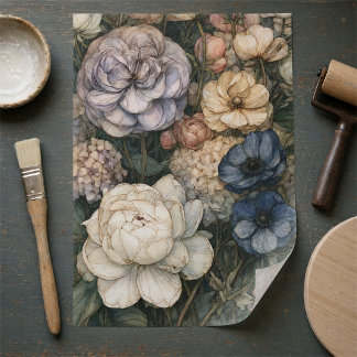 Papier Mousseline Fleurs de Pivoine et d'Hydrangea Bleues Vintage