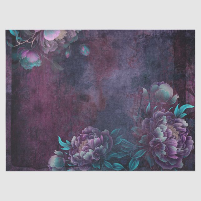 Papier Mousseline Fleurs de pivoines violettes et Turquoises Découpa (Recto)