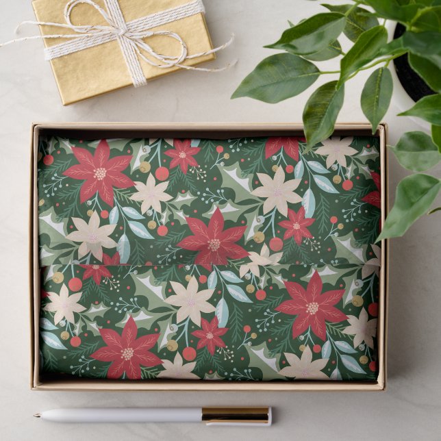 Papier Mousseline Fleurs de Poinsettia et Noël Feuille (Cadeau)