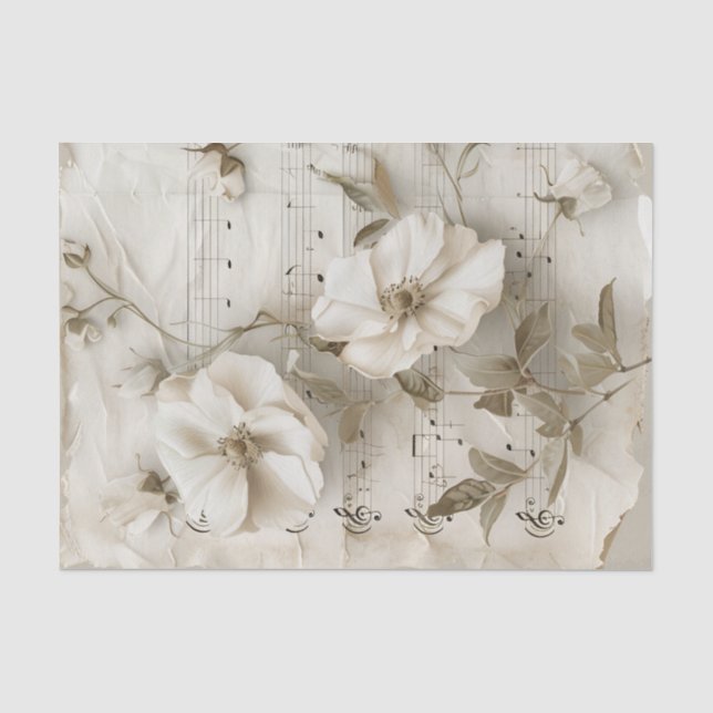 Papier Mousseline Fleurs de rose blanche feuille de musique vintage  (Recto)